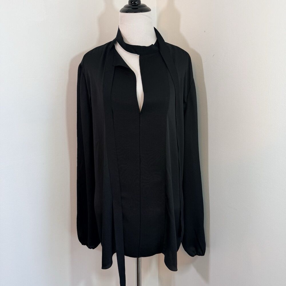 Lanvin Black Crinkle Satin Ribbon Neck Tie Up Blouse XL Winter 2013 Collection